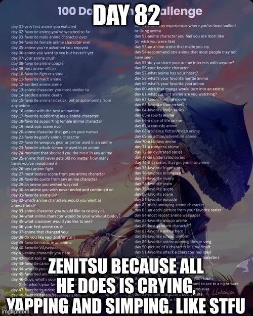 100 day anime challenge | DAY 82; ZENITSU BECAUSE ALL HE DOES IS CRYING, YAPPING AND SIMPING. LIKE STFU | image tagged in 100 day anime challenge | made w/ Imgflip meme maker
