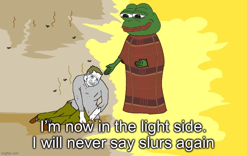 Pepe Wojak | I’m now in the light side. I will never say slurs again | image tagged in pepe wojak | made w/ Imgflip meme maker