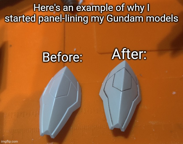 Even the most basic parts can look WAY better after some panel-lining | Here's an example of why I started panel-lining my Gundam models; Before:; After: | made w/ Imgflip meme maker