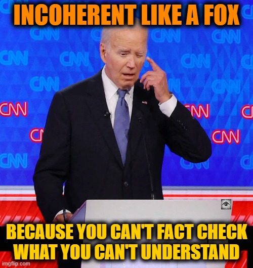 INCOHERENT LIKE A FOX; BECAUSE YOU CAN'T FACT CHECK
WHAT YOU CAN'T UNDERSTAND | image tagged in biden,trump,debate,2024,election | made w/ Imgflip meme maker