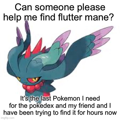 We’ve searched all over area zero | Can someone please help me find flutter mane? It’s the last Pokemon I need for the pokedex and my friend and I have been trying to find it for hours now | made w/ Imgflip meme maker