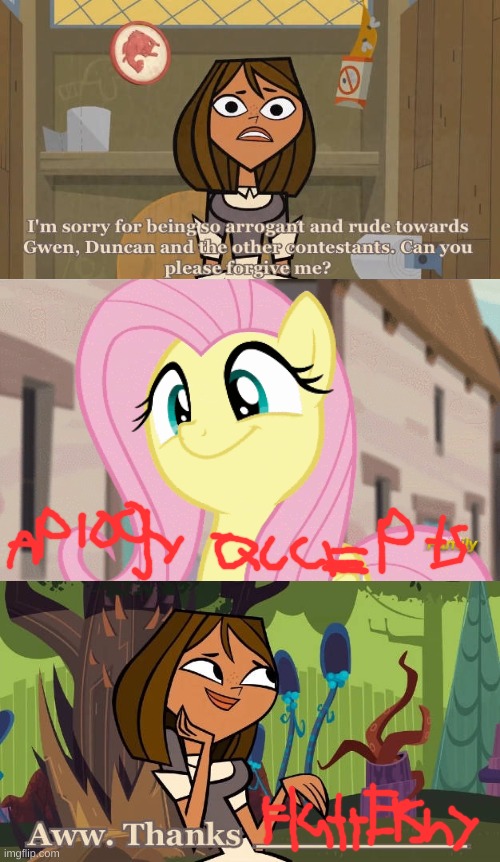 Fluttershy Accepts courtney's apology | image tagged in total drama,my little pony | made w/ Imgflip meme maker