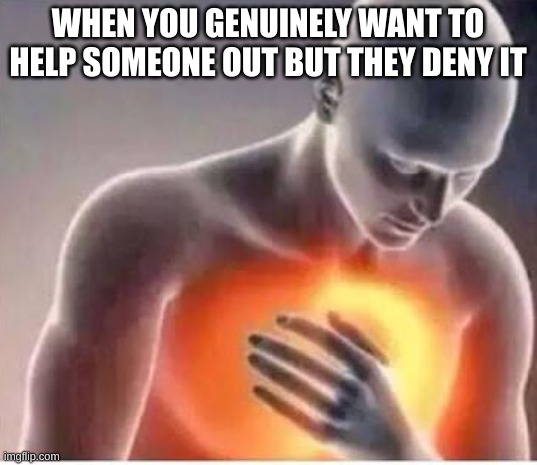 I wanna help you out man :( | WHEN YOU GENUINELY WANT TO HELP SOMEONE OUT BUT THEY DENY IT | image tagged in chest pain,help | made w/ Imgflip meme maker