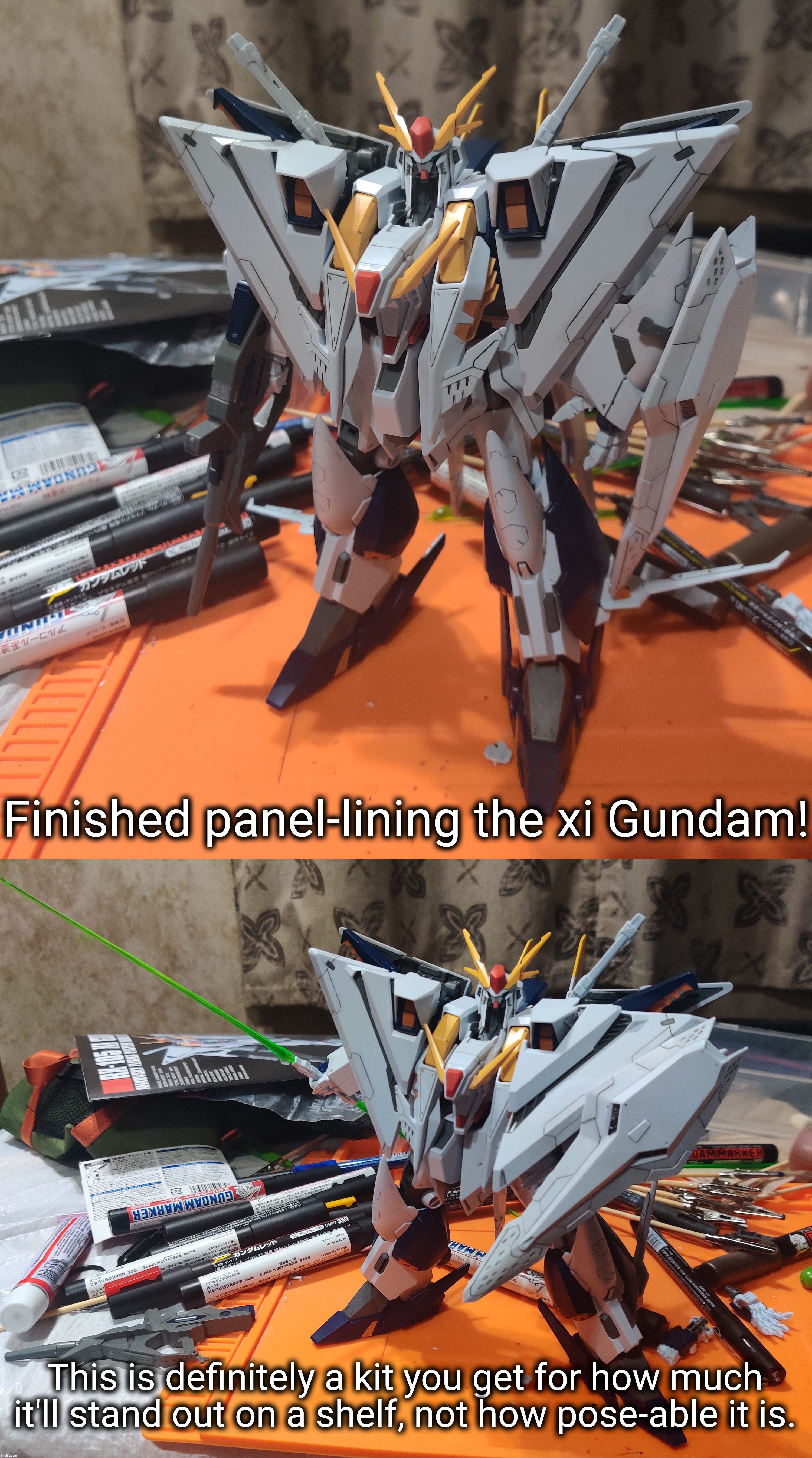 Finished panel-lining the xi Gundam! This is definitely a kit you get for how much it'll stand out on a shelf, not how pose-able it is. | made w/ Imgflip meme maker