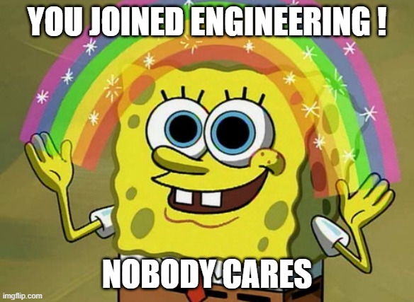 sponge bob | YOU JOINED ENGINEERING ! NOBODY CARES | image tagged in memes,imagination spongebob | made w/ Imgflip meme maker
