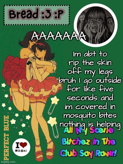 I can't take allergy medicine bc then I'll pass out and anti itch stuff isnt helping | Im abt to rip the skin off my legs bruh I go outside for like five seconds and im covered in mosquito bites nothing is helping; AAAAAAA | image tagged in new bread 2024 temp 33 | made w/ Imgflip meme maker