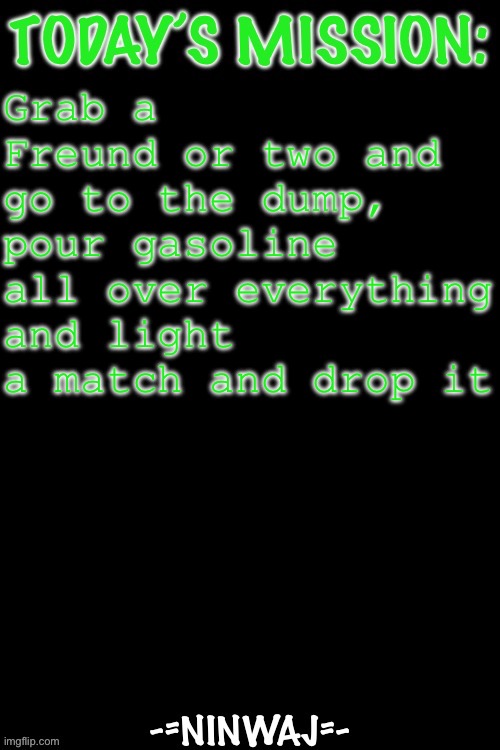 Nin’s mission | Grab a Freund or two and go to the dump, pour gasoline all over everything and light a match and drop it | image tagged in nin s mission | made w/ Imgflip meme maker