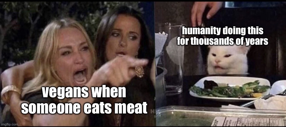 Vegans | humanity doing this for thousands of years; vegans when someone eats meat | image tagged in karen carpenter and smudge cat | made w/ Imgflip meme maker