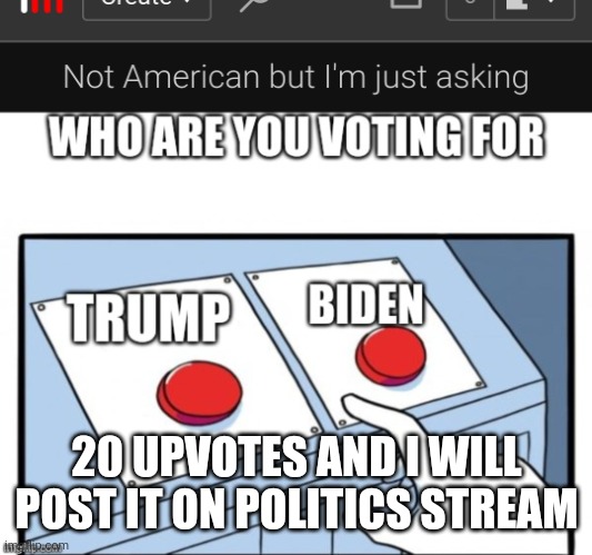 20 UPVOTES AND I WILL POST IT ON POLITICS STREAM | made w/ Imgflip meme maker
