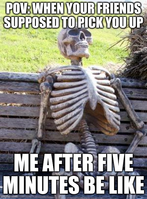POv: when your friend is supposed to pick you up | POV: WHEN YOUR FRIENDS SUPPOSED TO PICK YOU UP; ME AFTER FIVE MINUTES BE LIKE | image tagged in memes,waiting skeleton | made w/ Imgflip meme maker