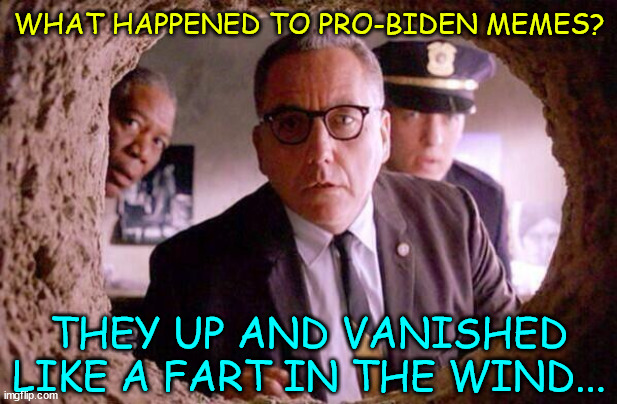 Shawshank redemption | WHAT HAPPENED TO PRO-BIDEN MEMES? THEY UP AND VANISHED LIKE A FART IN THE WIND... | image tagged in shawshank redemption | made w/ Imgflip meme maker