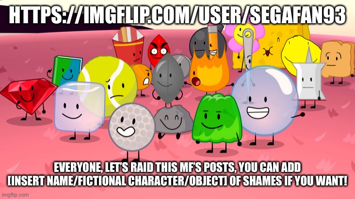 IDFB | HTTPS://IMGFLIP.COM/USER/SEGAFAN93; EVERYONE, LET’S RAID THIS MF’S POSTS, YOU CAN ADD [INSERT NAME/FICTIONAL CHARACTER/OBJECT] OF SHAMES IF YOU WANT! | image tagged in idfb | made w/ Imgflip meme maker