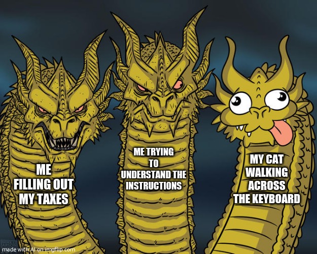 Three-headed Dragon | ME TRYING TO UNDERSTAND THE INSTRUCTIONS; MY CAT WALKING ACROSS THE KEYBOARD; ME FILLING OUT MY TAXES | image tagged in three-headed dragon | made w/ Imgflip meme maker