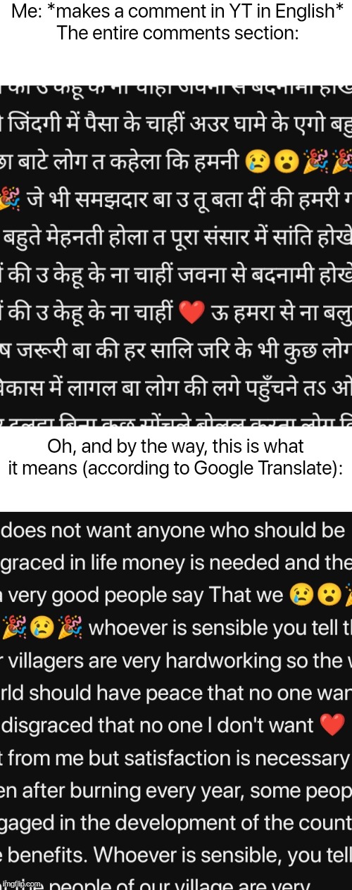 i have no idea what's going on | Me: *makes a comment in YT in English*
The entire comments section:; Oh, and by the way, this is what it means (according to Google Translate): | image tagged in what the hell,yt,comments,barney will eat all of your delectable biscuits | made w/ Imgflip meme maker