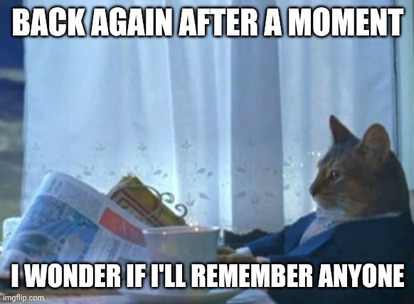 Ohohohoho | BACK AGAIN AFTER A MOMENT; I WONDER IF I'LL REMEMBER ANYONE | image tagged in memes,i should buy a boat cat | made w/ Imgflip meme maker