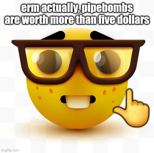 Nerd emoji | erm actually, pipebombs are worth more than five dollars ? | image tagged in nerd emoji | made w/ Imgflip meme maker