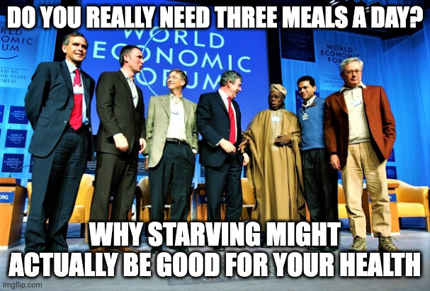 Bill Gates and WEF members | DO YOU REALLY NEED THREE MEALS A DAY? WHY STARVING MIGHT ACTUALLY BE GOOD FOR YOUR HEALTH | image tagged in bill gates and wef members | made w/ Imgflip meme maker