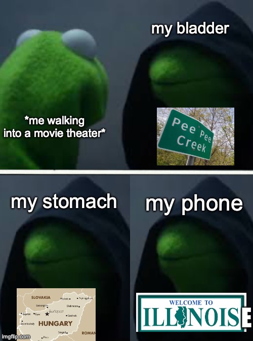 why | my bladder; *me walking into a movie theater*; my stomach; my phone; E | image tagged in memes,funny | made w/ Imgflip meme maker