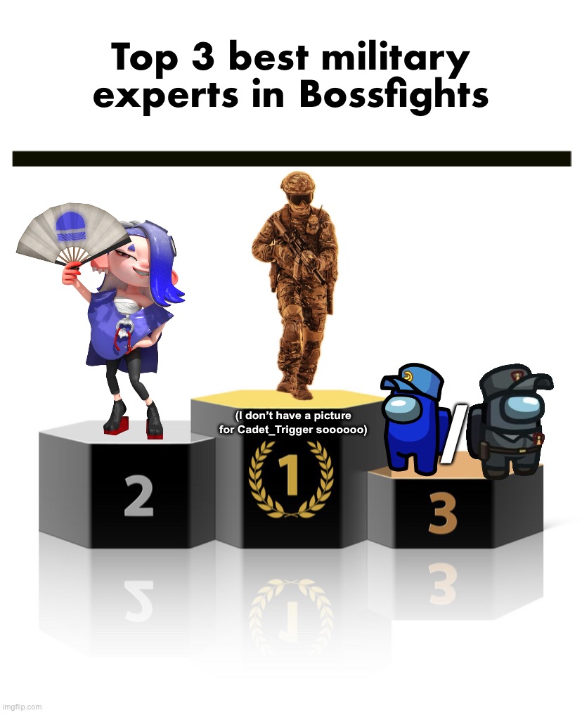 I try my best but I feel like Cadet_Trigger is better | Top 3 best military experts in Bossfights; /; (I don’t have a picture for Cadet_Trigger soooooo) | image tagged in podium | made w/ Imgflip meme maker