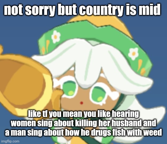 chamomile cokkieoir | not sorry but country is mid; like tf you mean you like hearing women sing about killing her husband and a man sing about how he drugs fish with weed | image tagged in chamomile cokkieoir | made w/ Imgflip meme maker