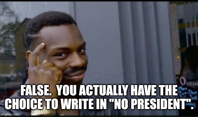 Thinking Black Man | FALSE.  YOU ACTUALLY HAVE THE CHOICE TO WRITE IN "NO PRESIDENT". | image tagged in thinking black man | made w/ Imgflip meme maker