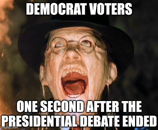 4 years of Biden is enough for any country right? | DEMOCRAT VOTERS; ONE SECOND AFTER THE PRESIDENTIAL DEBATE ENDED | image tagged in face melt,crying democrats,sad joe biden,stupid liberals,voting,presidential debate | made w/ Imgflip meme maker