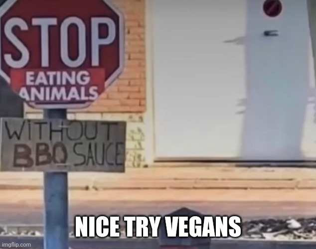 Vegans: | NICE TRY VEGANS | image tagged in funny,vegan | made w/ Imgflip meme maker