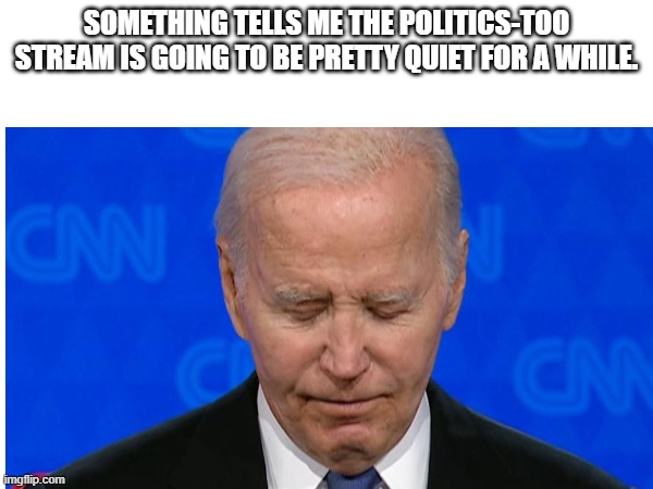 Debate | SOMETHING TELLS ME THE POLITICS-TOO STREAM IS GOING TO BE PRETTY QUIET FOR A WHILE. | made w/ Imgflip meme maker