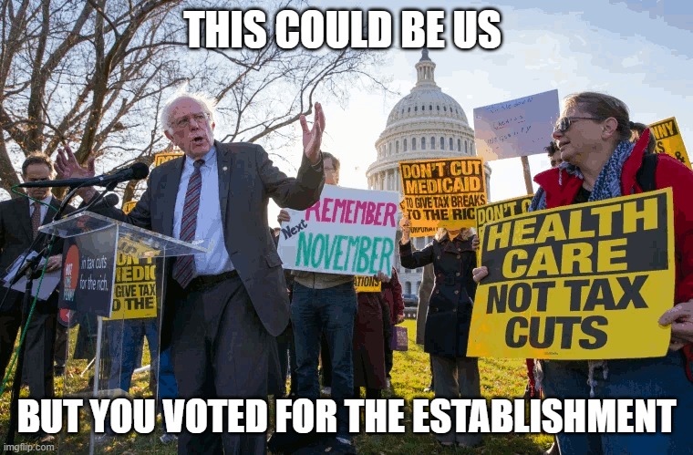 Regrets? | THIS COULD BE US; BUT YOU VOTED FOR THE ESTABLISHMENT | image tagged in bernie sanders | made w/ Imgflip meme maker