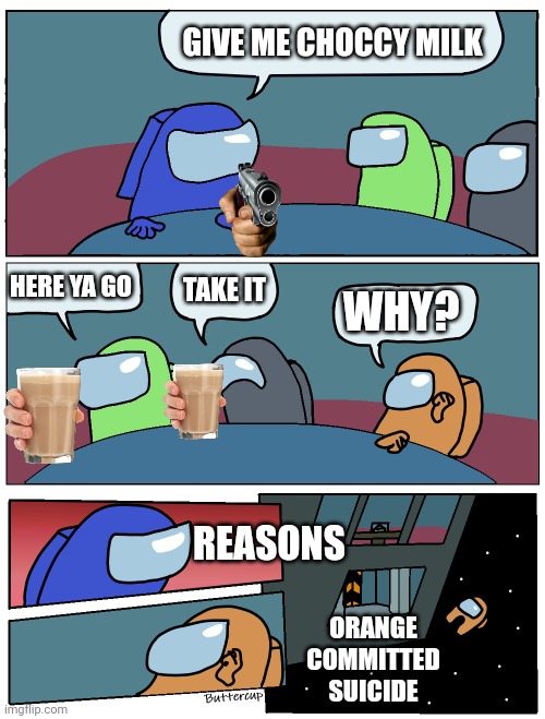 Among Us Meeting | GIVE ME CHOCCY MILK; HERE YA GO; TAKE IT; WHY? REASONS; ORANGE COMMITTED SUICIDE | image tagged in among us meeting | made w/ Imgflip meme maker