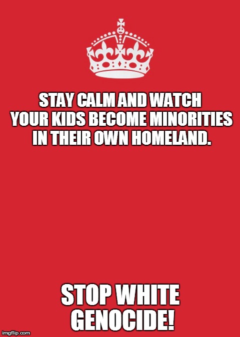 stop white genocide! | STAY CALM AND WATCH YOUR KIDS BECOME MINORITIES IN THEIR OWN HOMELAND. STOP WHITE GENOCIDE! | image tagged in memes,keep calm,white genocide,evil | made w/ Imgflip meme maker
