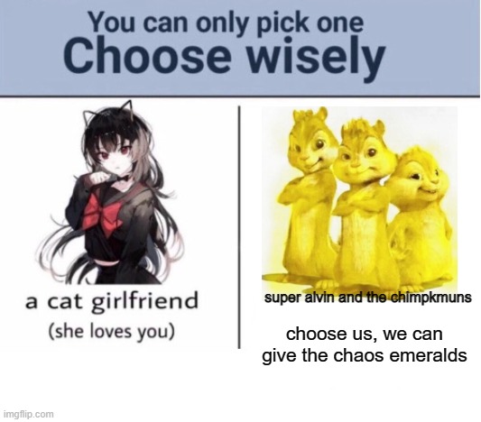 Choose wisely | super alvin and the chimpkmuns; choose us, we can give the chaos emeralds | image tagged in choose wisely | made w/ Imgflip meme maker