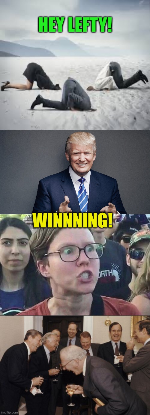 Hahahahahahahahahahahahahaha!!!! | HEY LEFTY! WINNNING! | image tagged in ostrich head in sand,donald trump wins fl,triggered liberal,memes,laughing men in suits | made w/ Imgflip meme maker