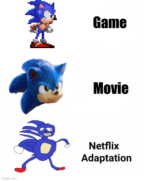 Netflix adaptation | Game; Movie | image tagged in netflix adaptation,sanic,sonic the hedgehog,sonic,funny,memes | made w/ Imgflip meme maker