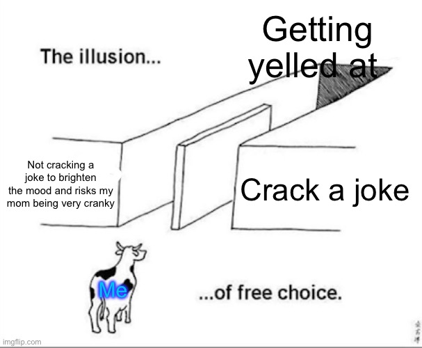 Vent, again | Getting yelled at; Not cracking a joke to brighten the mood and risks my mom being very cranky; Crack a joke; Me | image tagged in illusion of free choice | made w/ Imgflip meme maker