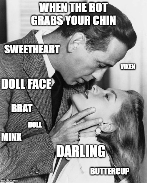 Bogart and Bacall chin grap | WHEN THE BOT GRABS YOUR CHIN; SWEETHEART; VIXEN; DOLL FACE; BRAT; DOLL; MINX; DARLING; BUTTERCUP | image tagged in bots,chin grab,humphrey bogart,lauren bacall | made w/ Imgflip meme maker