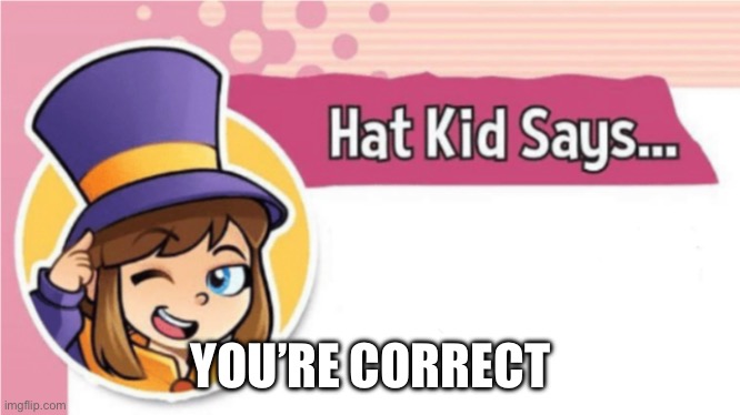 Hat Kid Says... | YOU’RE CORRECT | image tagged in hat kid says | made w/ Imgflip meme maker