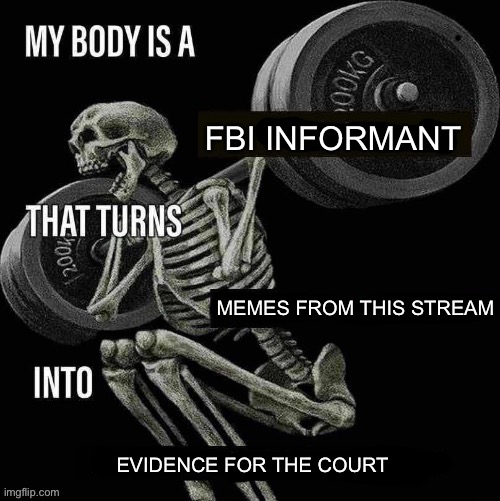 My body is a X that turns Y into Z | FBI INFORMANT; MEMES FROM THIS STREAM; EVIDENCE FOR THE COURT | image tagged in my body is a x that turns y into z | made w/ Imgflip meme maker