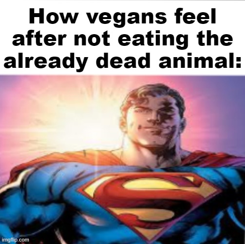 Superman starman meme | How vegans feel after not eating the already dead animal: | image tagged in superman starman meme | made w/ Imgflip meme maker