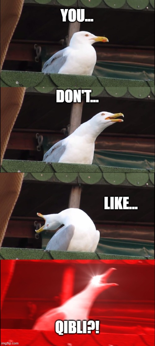 YOU DON'T LIKE QIBLI?! | YOU... DON'T... LIKE... QIBLI?! | image tagged in memes,inhaling seagull | made w/ Imgflip meme maker