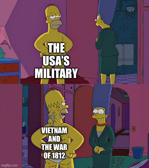 American Military | THE USA’S MILITARY; VIETNAM AND THE WAR OF 1812 | image tagged in homer simpson's back fat | made w/ Imgflip meme maker