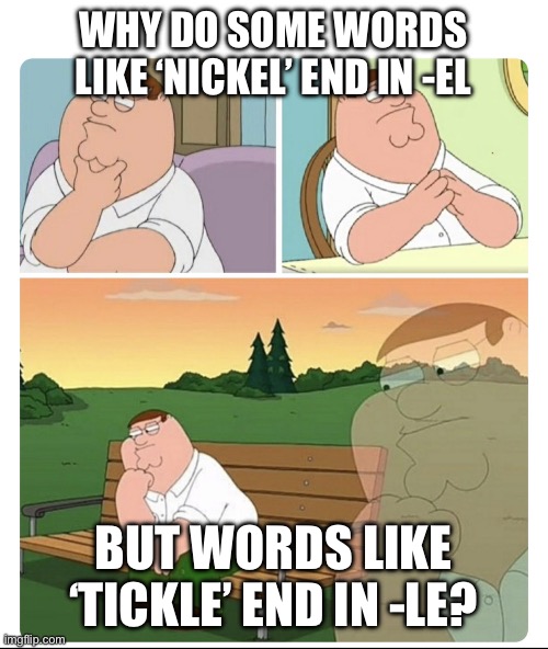 Spelling | WHY DO SOME WORDS LIKE ‘NICKEL’ END IN -EL; BUT WORDS LIKE ‘TICKLE’ END IN -LE? | image tagged in peter thinker | made w/ Imgflip meme maker