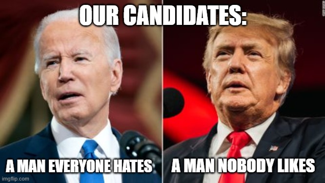 Personally, I don't think America could survive another Biden term | OUR CANDIDATES:; A MAN EVERYONE HATES; A MAN NOBODY LIKES | image tagged in biden,donald trump | made w/ Imgflip meme maker