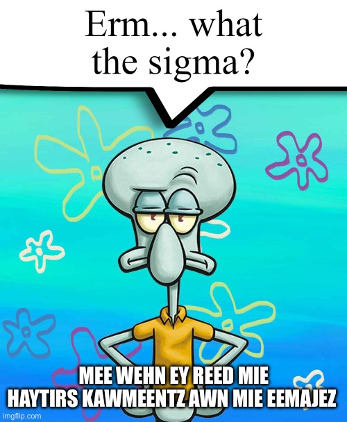 Erm... what the sigma? | MEE WEHN EY REED MIE HAYTIRS KAWMEENTZ AWN MIE EEMAJEZ | image tagged in erm what the sigma | made w/ Imgflip meme maker