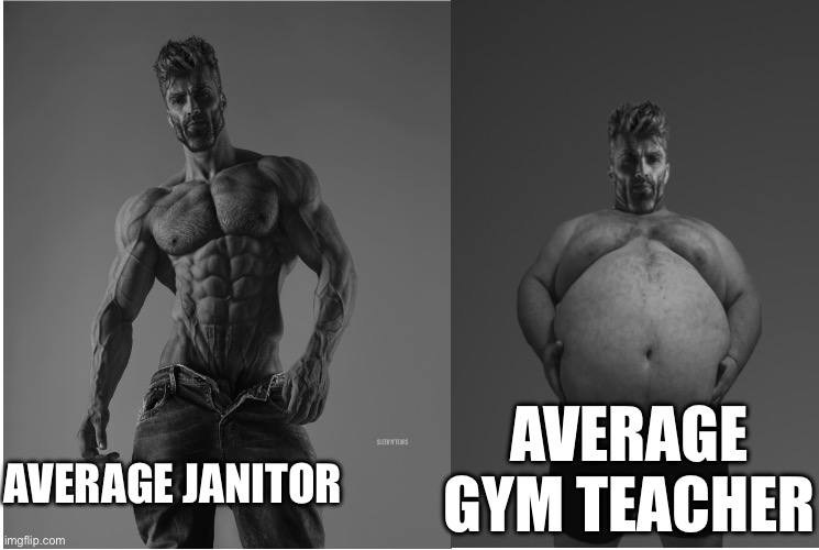 To lazy for a title so enjoy not Gujbc to Hklb | AVERAGE JANITOR; AVERAGE GYM TEACHER | image tagged in self image vs reality gigachad | made w/ Imgflip meme maker