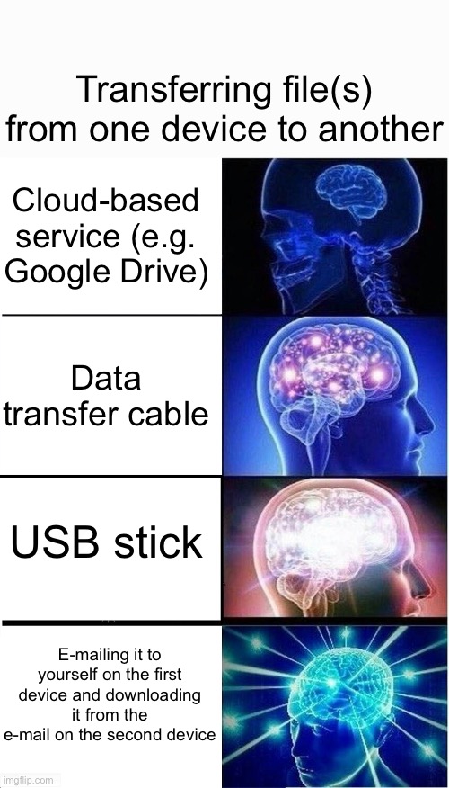 self-email method is still the quickest and easiest imo (**** the cloud) | Transferring file(s) from one device to another; Cloud-based service (e.g. Google Drive); Data transfer cable; USB stick; E-mailing it to yourself on the first device and downloading it from the e-mail on the second device | image tagged in memes,expanding brain,files,file transfer,email,technology | made w/ Imgflip meme maker