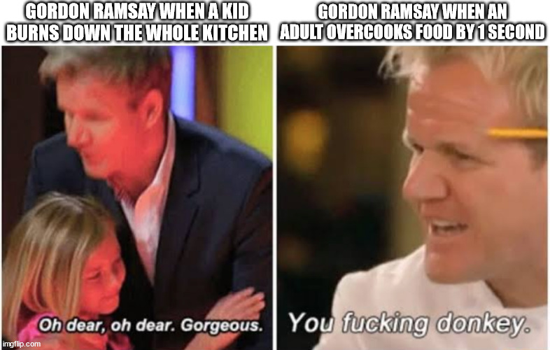 gordon ramsay | GORDON RAMSAY WHEN A KID BURNS DOWN THE WHOLE KITCHEN; GORDON RAMSAY WHEN AN ADULT OVERCOOKS FOOD BY 1 SECOND | image tagged in gordon ramsay kids vs adults,gordon ramsay,angry chef gordon ramsay,chef gordon ramsay,chef ramsay,ramsay | made w/ Imgflip meme maker