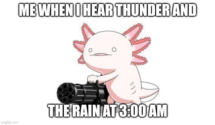 Axolotl gun | ME WHEN I HEAR THUNDER AND; THE RAIN AT 3:00 AM | image tagged in axolotl gun | made w/ Imgflip meme maker