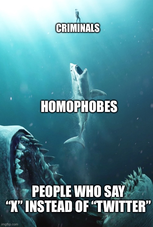 The worst crime in history. | CRIMINALS; HOMOPHOBES; PEOPLE WHO SAY “X” INSTEAD OF “TWITTER” | image tagged in meg food chain,twitter,x,twitter x,memes | made w/ Imgflip meme maker
