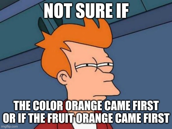 Relatable | NOT SURE IF; THE COLOR ORANGE CAME FIRST OR IF THE FRUIT ORANGE CAME FIRST | image tagged in memes,futurama fry | made w/ Imgflip meme maker